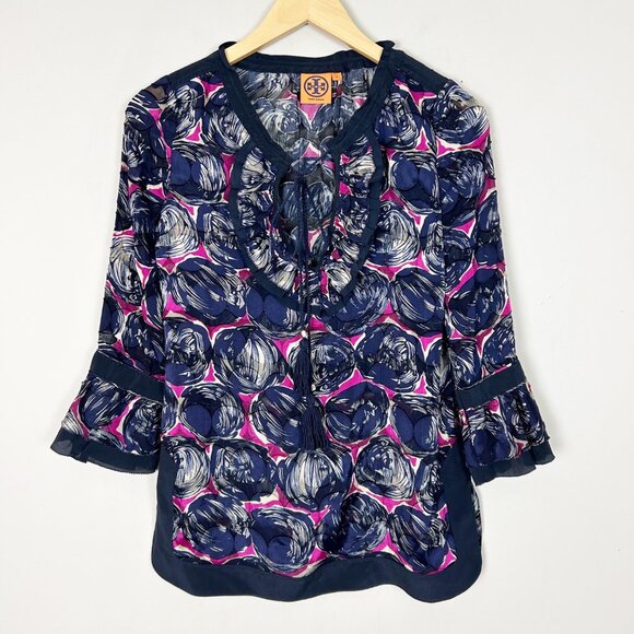 Tory Burch Silk Semi-Sheer Popover Top Preppy Ruffle Size 2 Women's - Picture 1 of 5